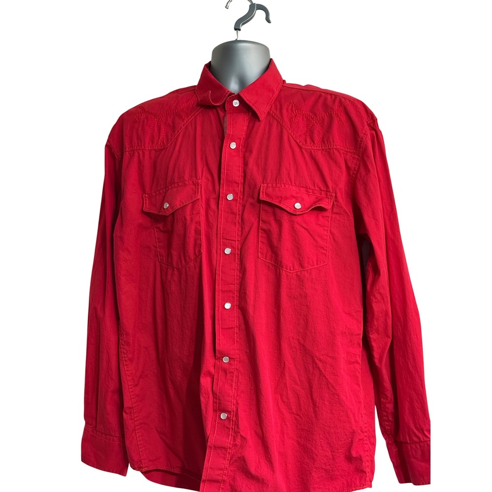 Red Ranch Mens XL Western Shirt Red Cotton Snap Front Embroidered‎ Long Sleeve
